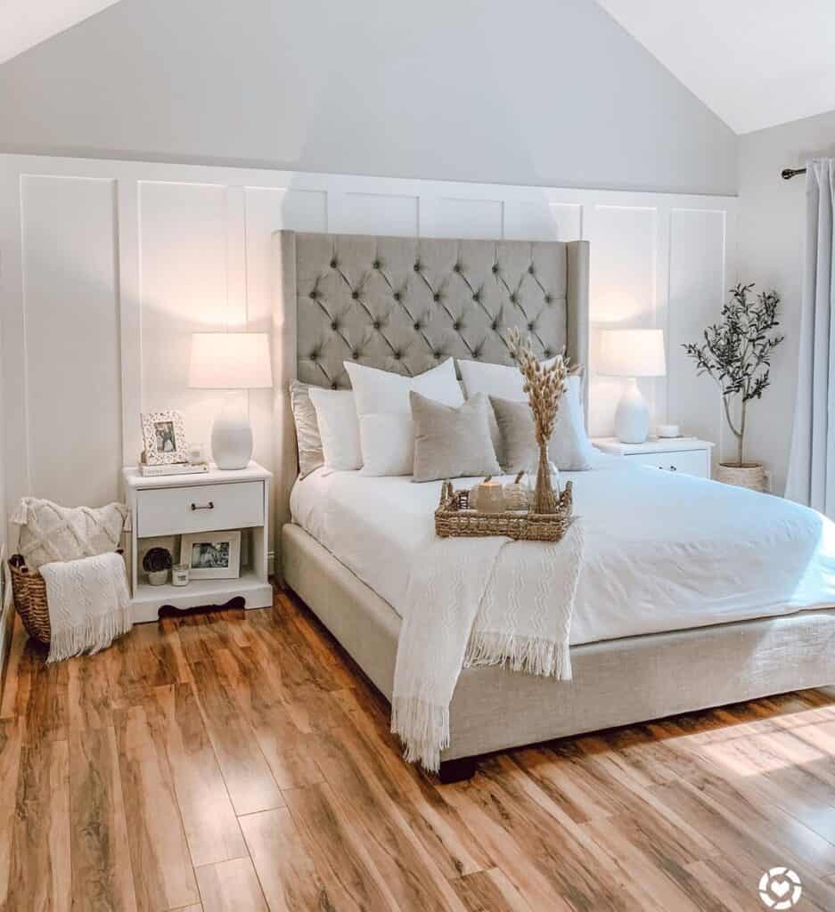 Oversized Tufted Headboard in Vaulted Bedroom