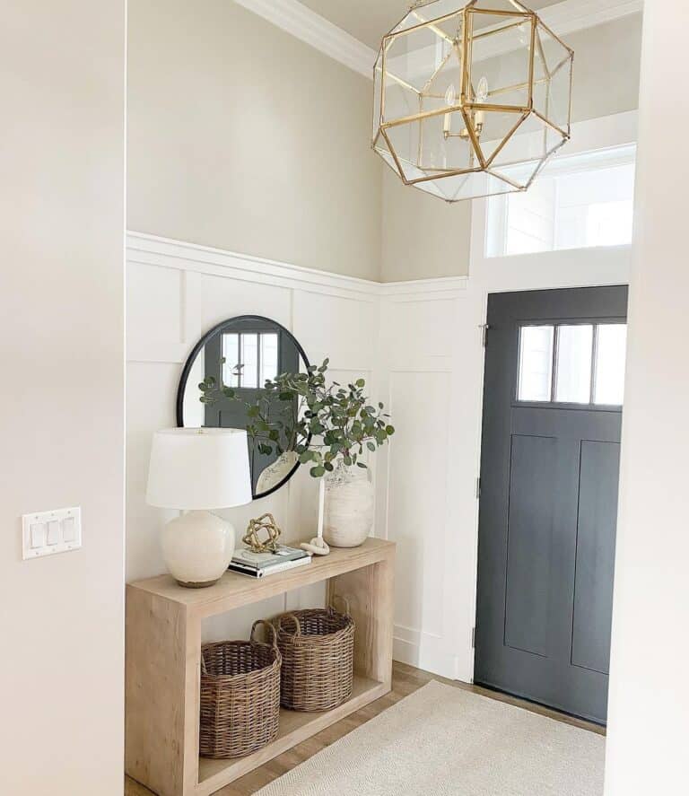 Entryway Wall Mirror and White Wainscoting