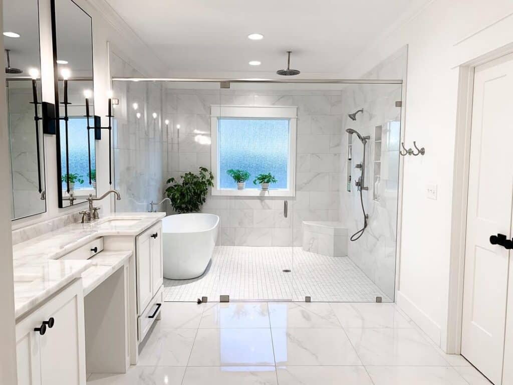 Wet Room with White Tub Next to Shower