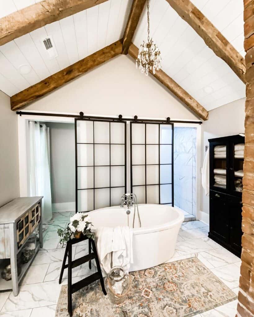 White Bathroom with Vaulted Shiplap Ceiling