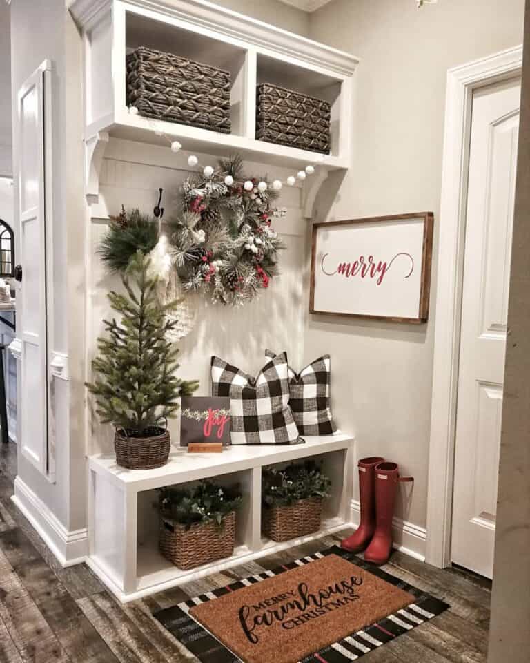 White Built-In Farmhouse Entryway Bench