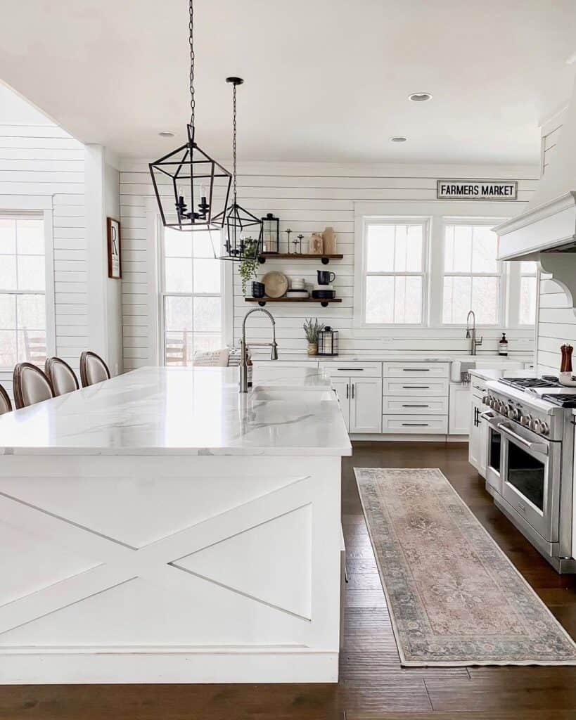 White Kitchen Island with Marble Countertop