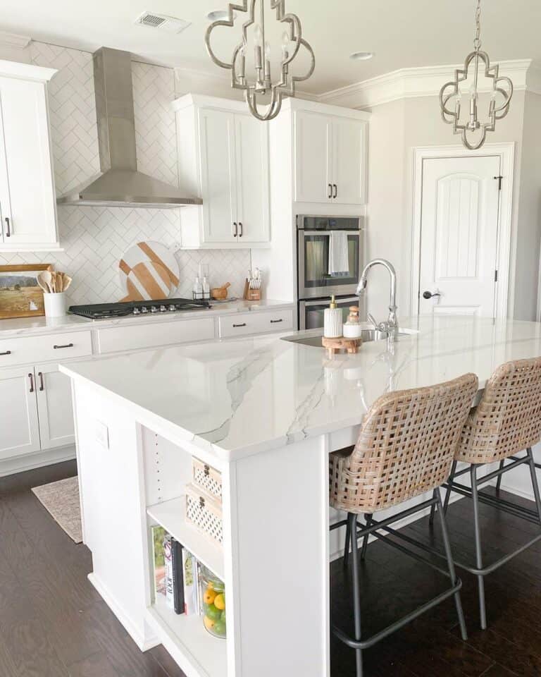 White Kitchen Island with Outlet and Open Shelves