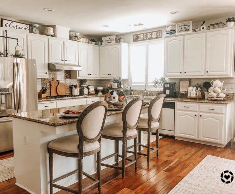 White Kitchen Island with Oval Back Stools