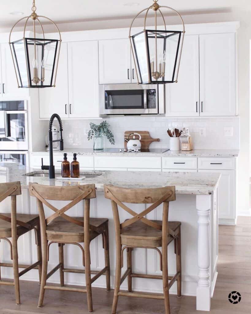White Kitchen Island with Rustic Wood Chairs