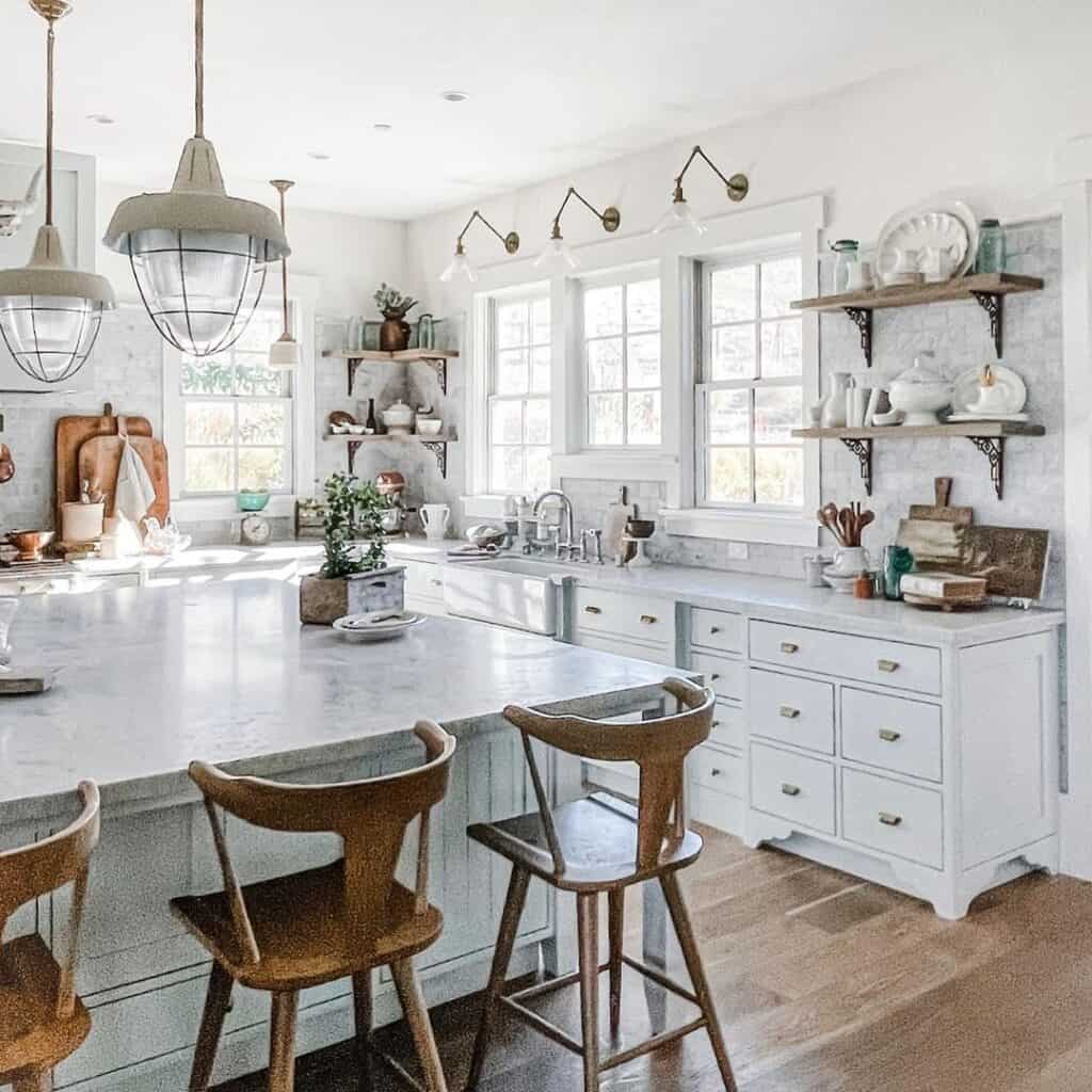 White Kitchen Island with Wooden Bar Stools