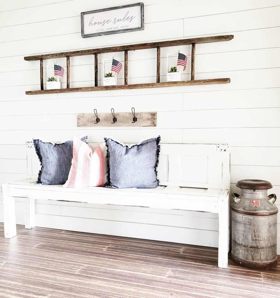 White Painted Wood Farmhouse Bench