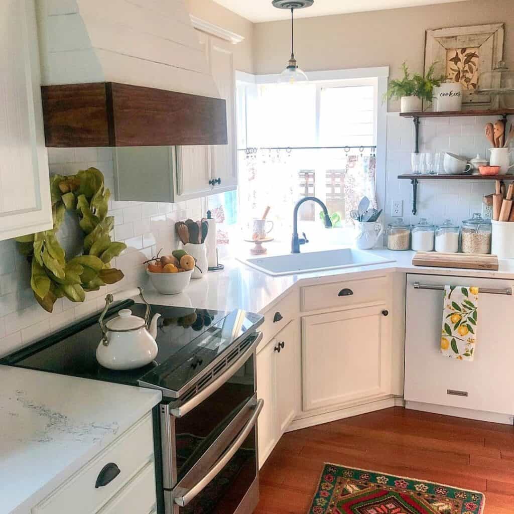 White Printed Cafe Curtain Above Kitchen Sink