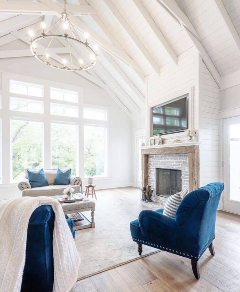 White Shiplap Ceiling With White Beams