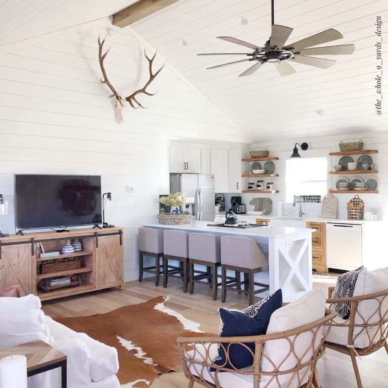 White Shiplap Ceiling with Ceiling Fan