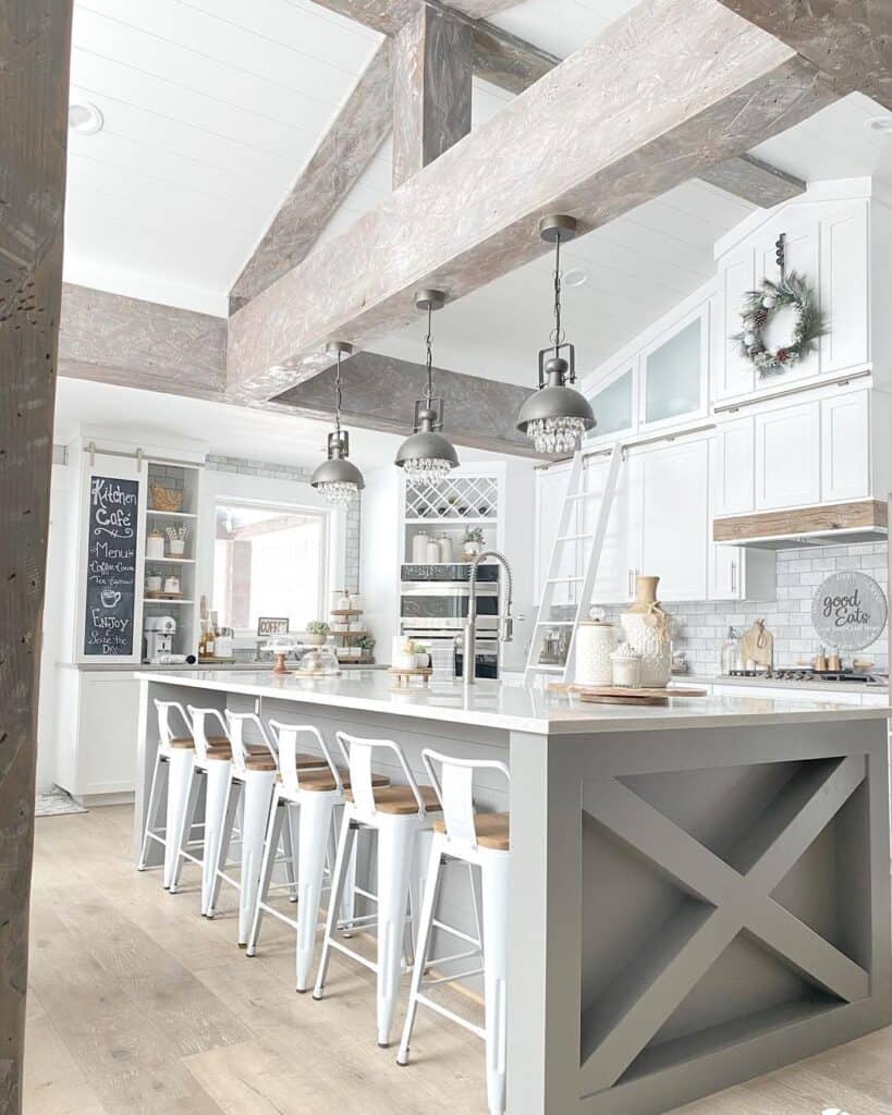 White Shiplap Ceiling with Gray Wood Trusses