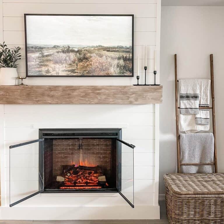 White Shiplap Electric Fireplace with Glass Doors