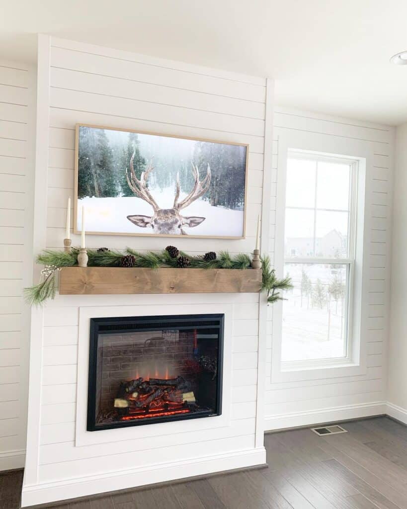 White Shiplap Fireplace with Beige Frame TV