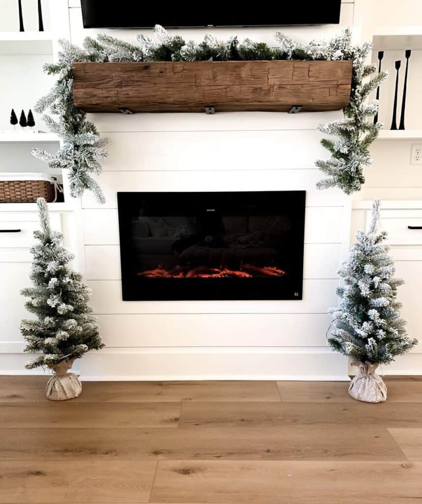 White Shiplap Fireplace with Hand-hewn Wood Mantel
