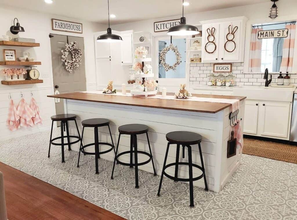 White Shiplap Kitchen Island with Black Stools