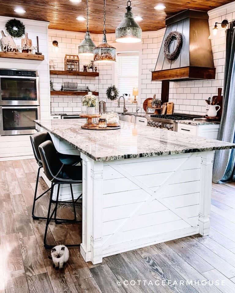 White Shiplap Kitchen Island with Pilasters