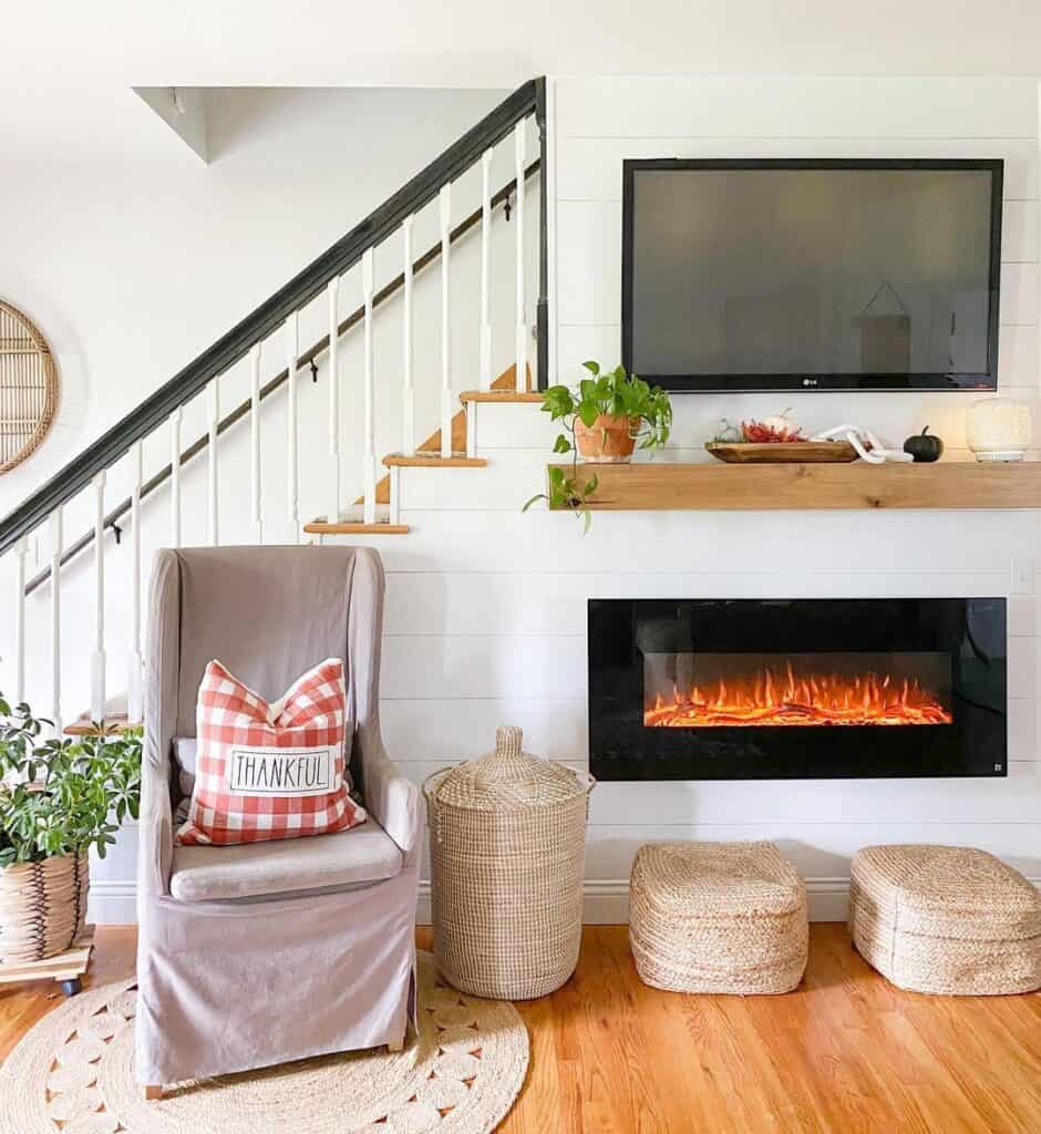 White Shiplap Wall with Fireplace and TV