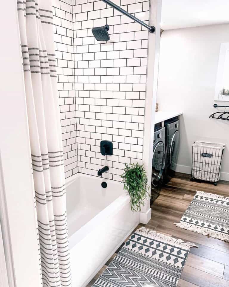 White Tile Shower Walls with Black Grout