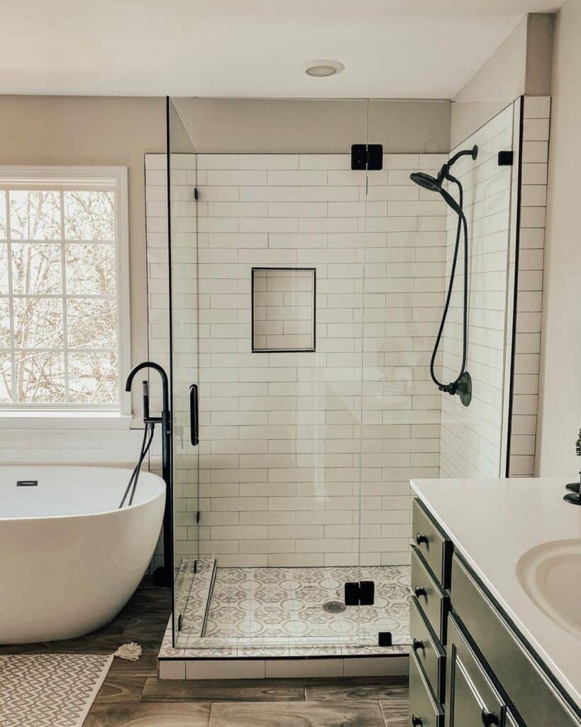 White Tile Shower with Black Trim Niche Soul & Lane