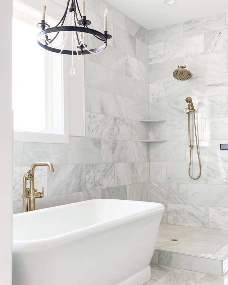 Open Shower with Gray Marble Tiles