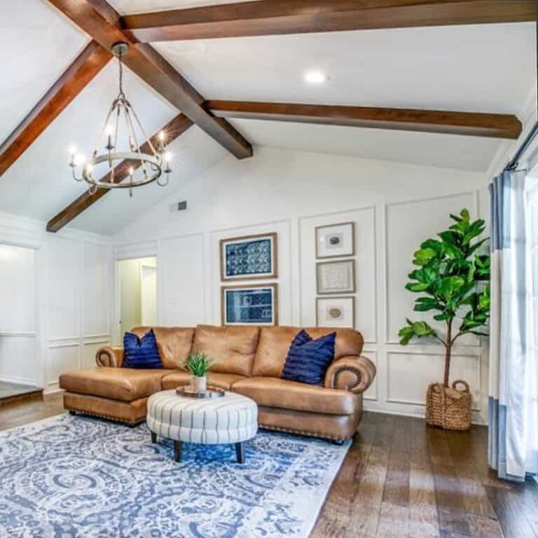 White Vaulted Ceiling with Stained Wood Beams