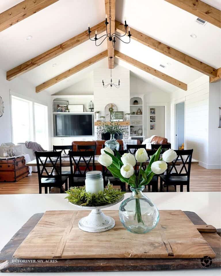 White Vaulted Ceiling with Wood Beams