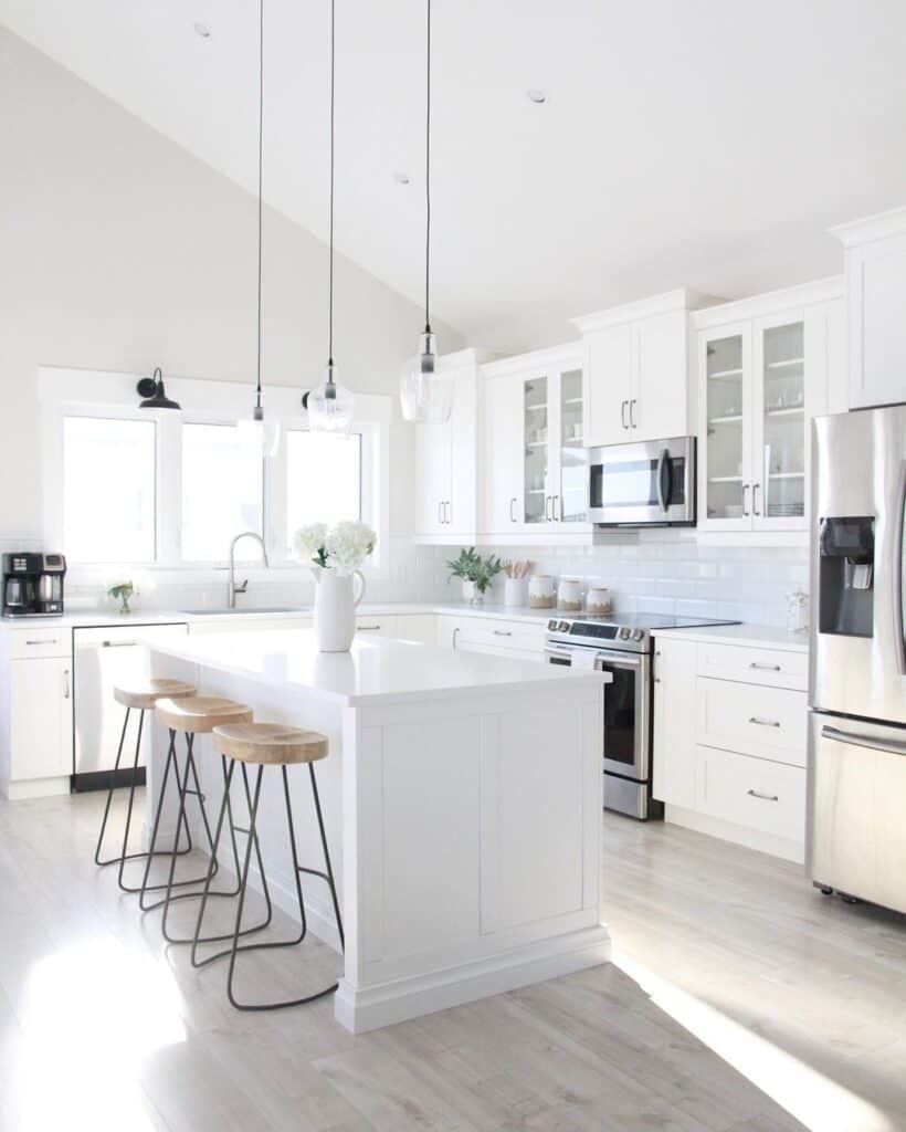 White Vaulted Kitchen with White Island