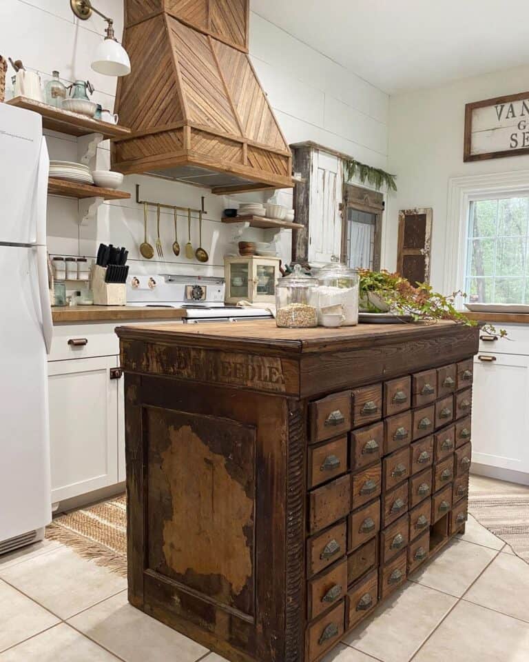 Wooden Apothecary Cabinet Used as Kitchen Island