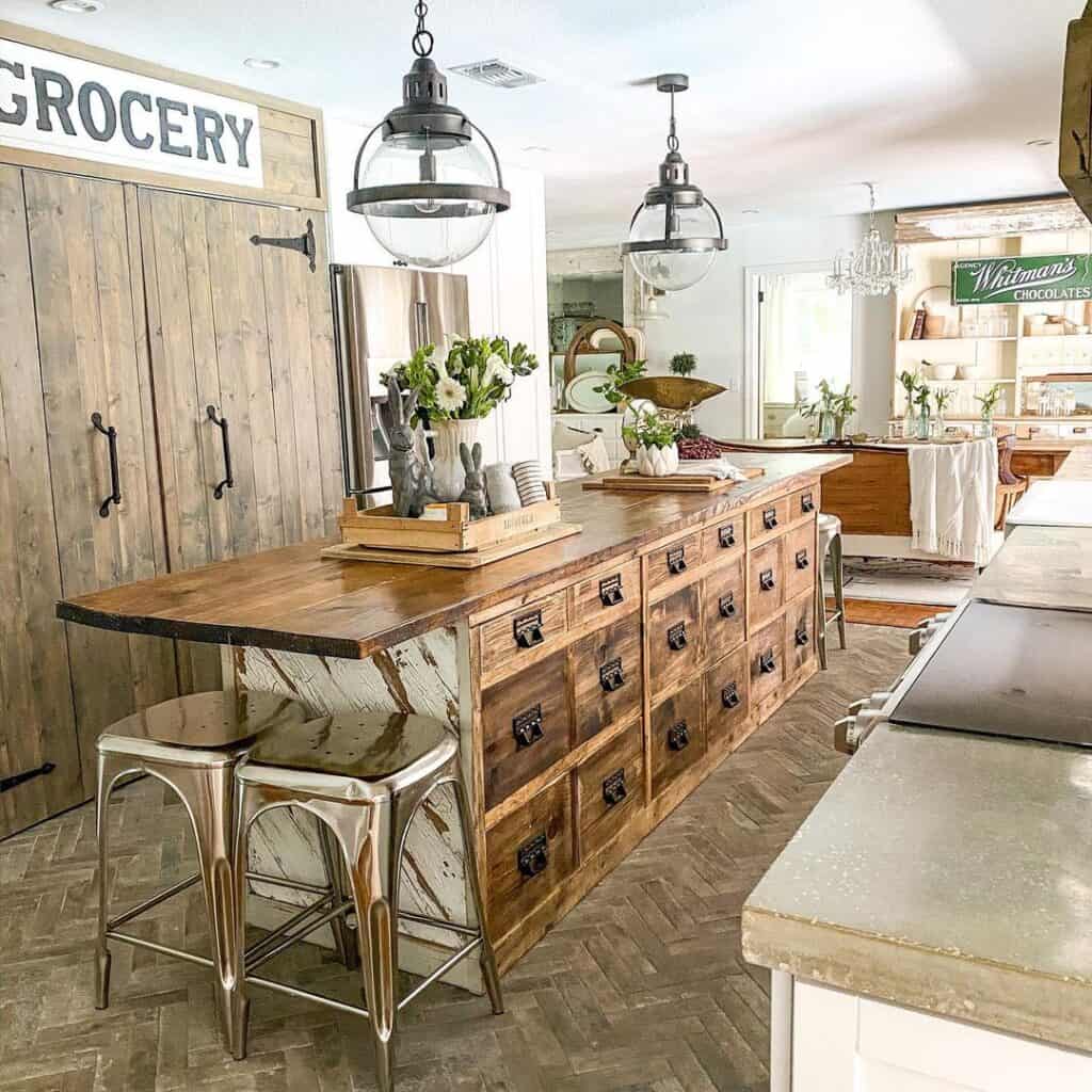 Wooden Apothecary Cabinet Used as Kitchen Island