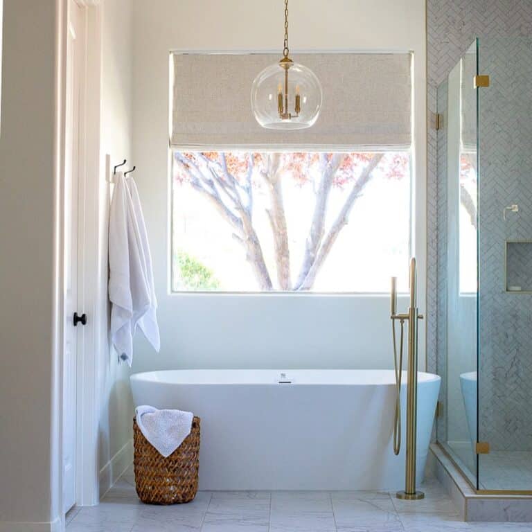 Bathroom Picture Window with Gray Roman Shade