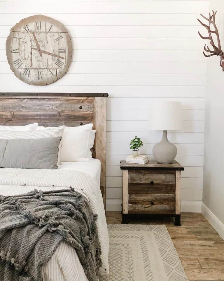 Bedroom Lamp in Front of White Shiplap Accent Wall