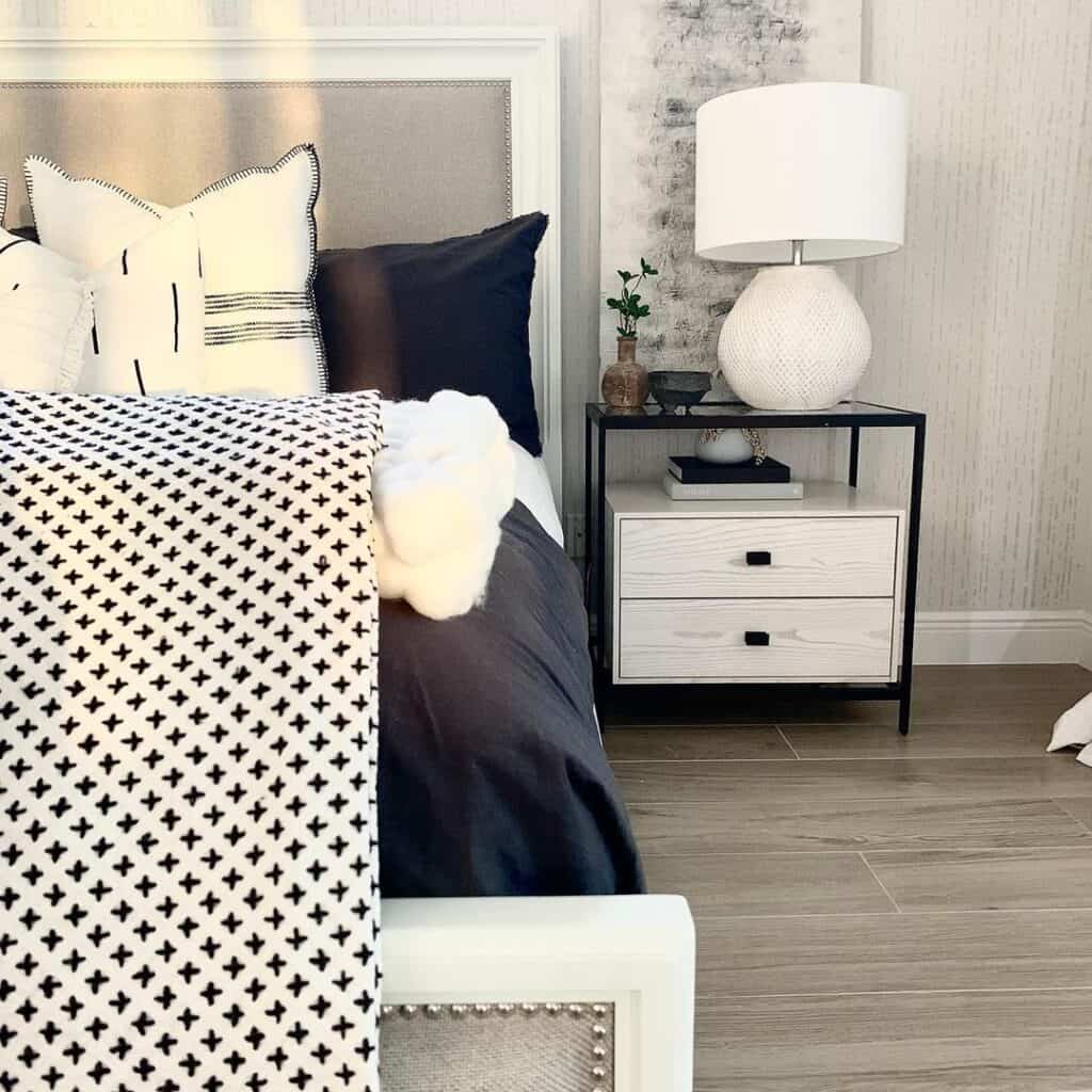 Bedroom Side Table with Ivory and White Lamp