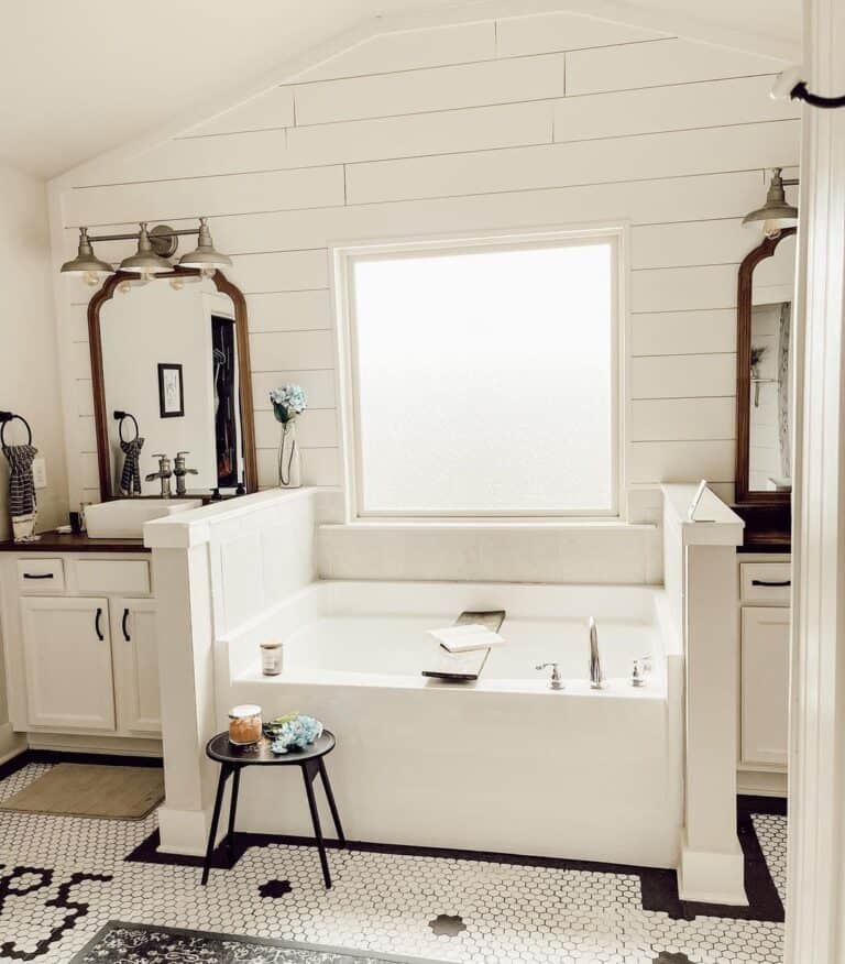 Beige Bathtub Half Wall with White Ledge