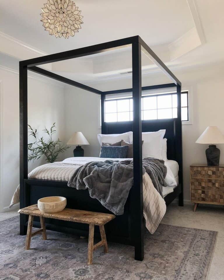 Black Canopy Bed with Black Bedroom Lamps