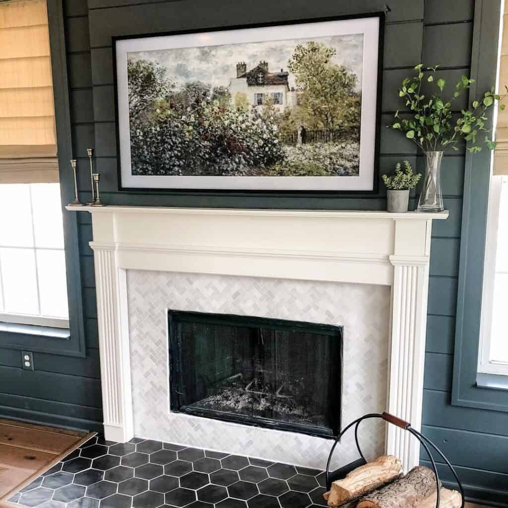 Black Frame Fireplace Artwork on Gray Shiplap Wall