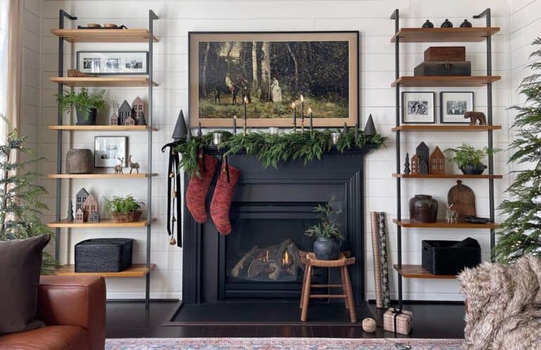 Black Living Room Fireplace With Artwork