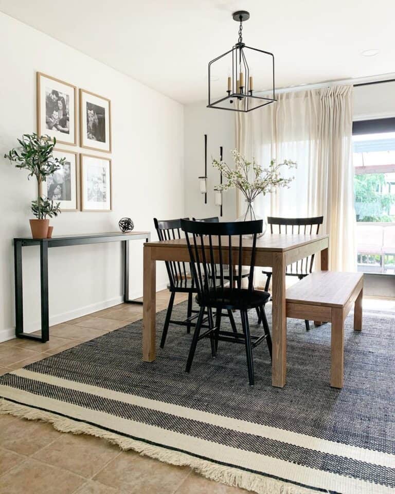 Black and Ivory Fringe Rug for Dining Table