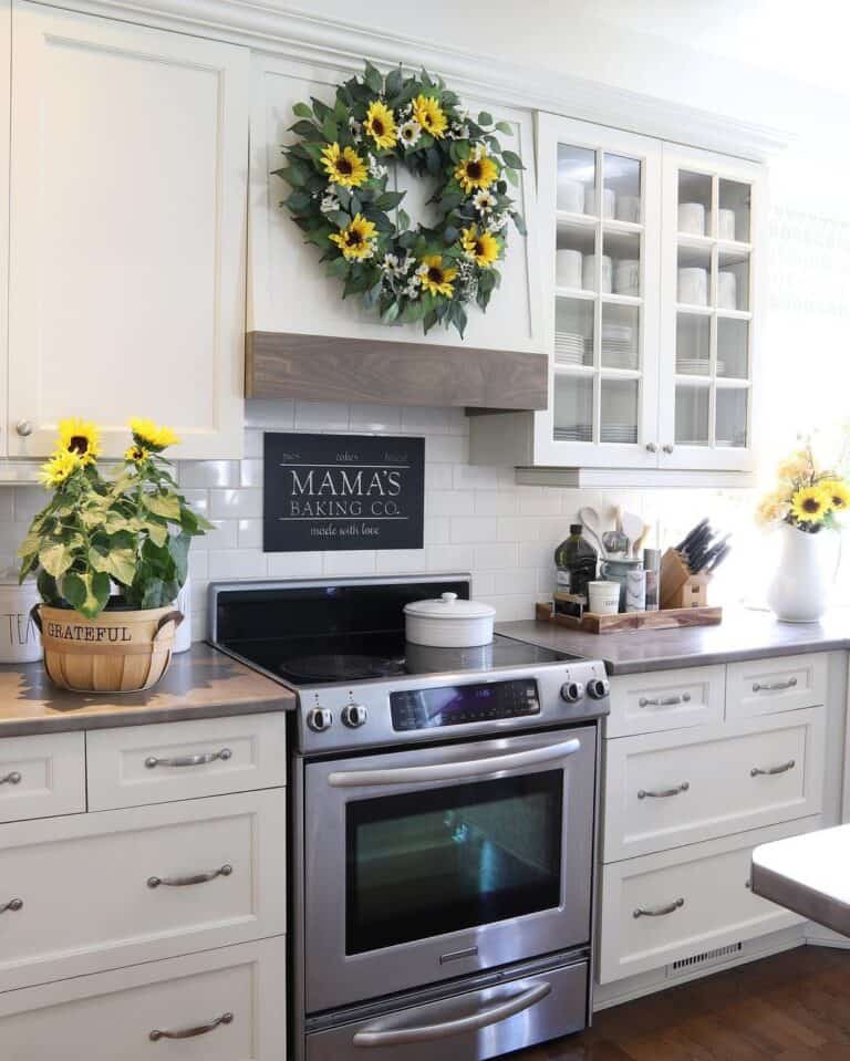 Sunflower Wreath in White and Wood Kitchen