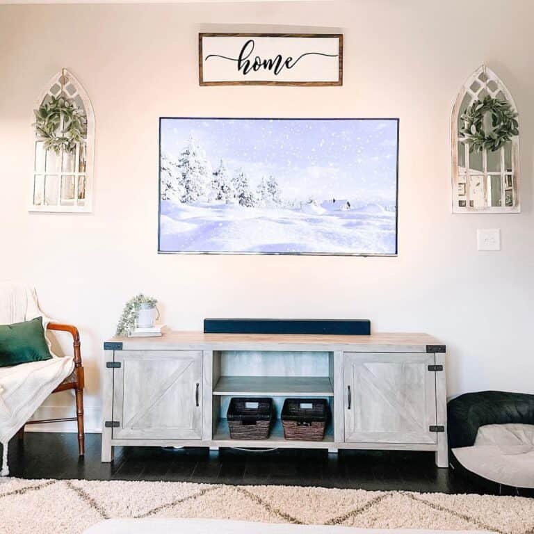 Farmhouse TV Wall With Whitewashed Wood Console