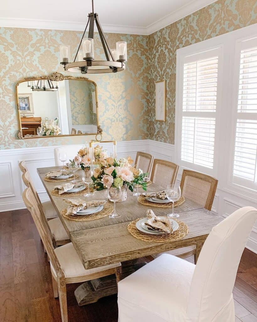Gold Whimsical Wallpaper in a Dining Room - Soul & Lane