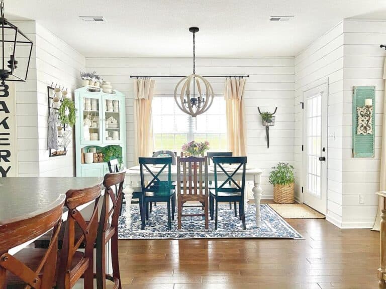 Different Color Dining Set on Blue and White Rug