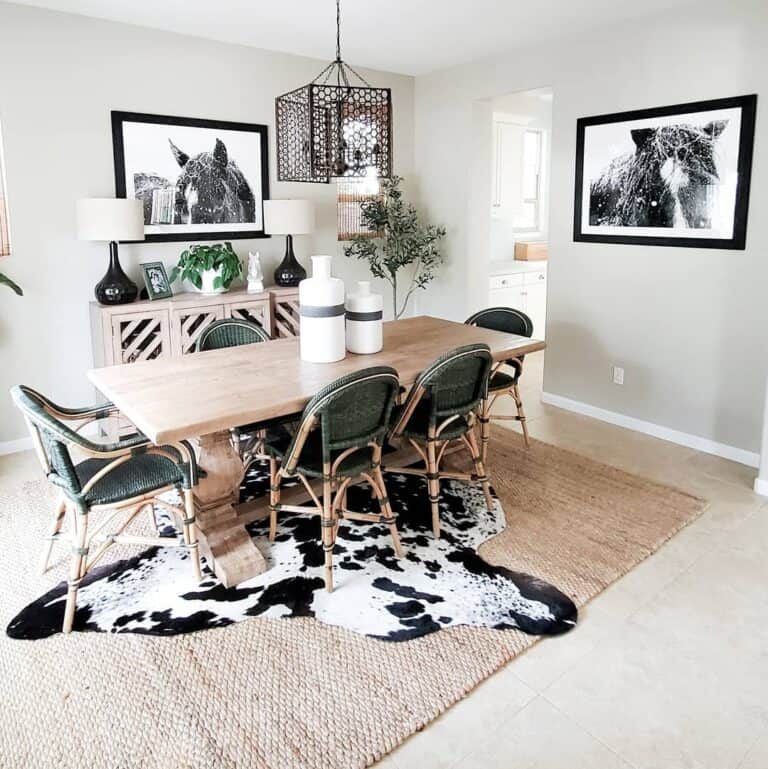 Dining Room with Beige Braided and Cowhide Rugs