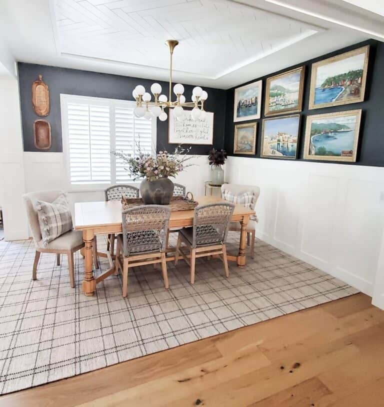 Dining Table on Beige and Gray Grid Area Rug