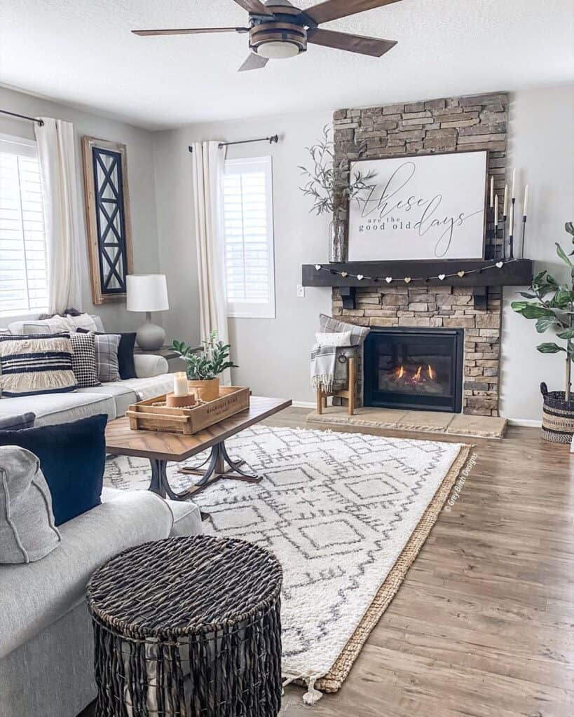 Dry Stack Stone Fireplace with Beige Stone Hearth