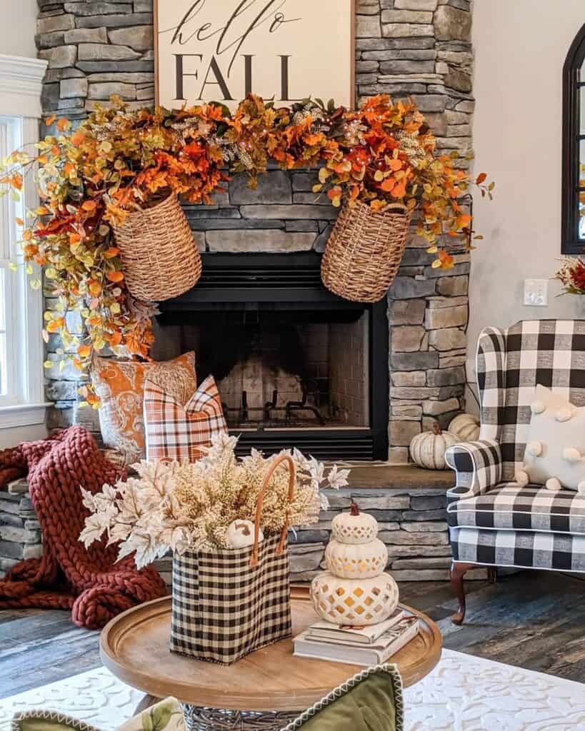 Dry Stacked Stone Fireplace with Fall Garland