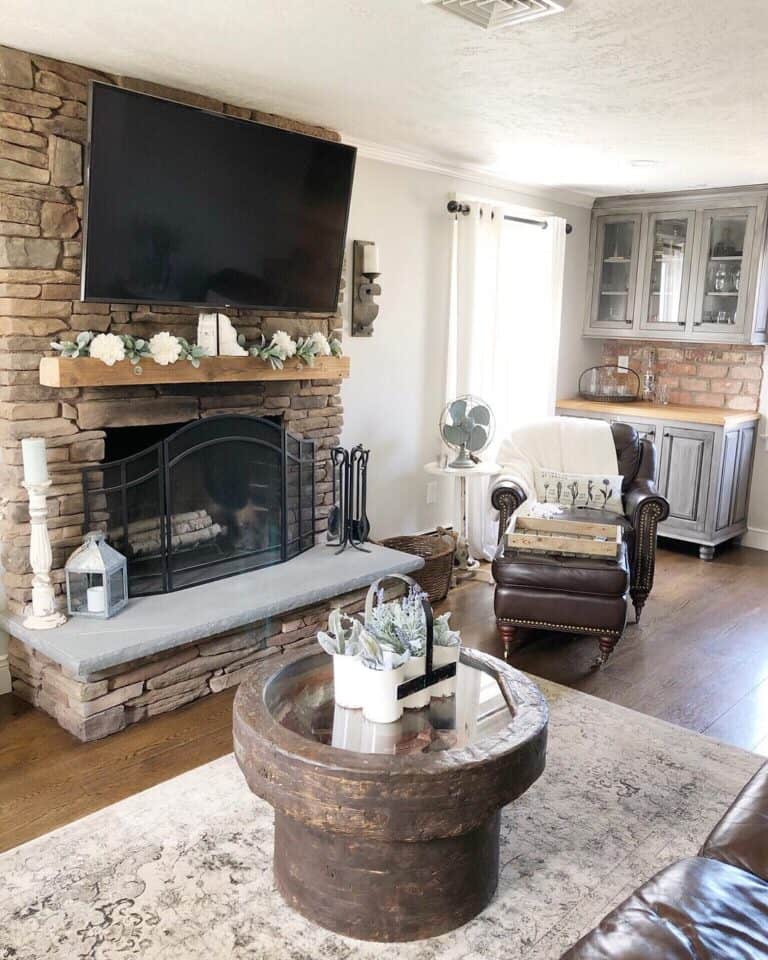 Dry Stacked Stone Fireplace with Gray Hearth