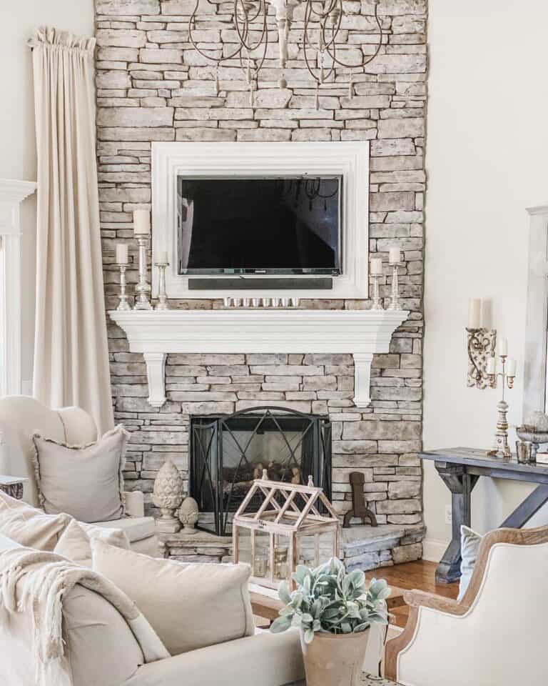 Dry Stacked Stone Living Room Fireplace with TV
