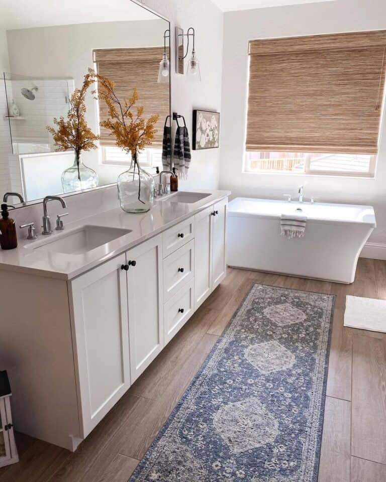 Farmhouse Bathroom with Tan Roman Shade