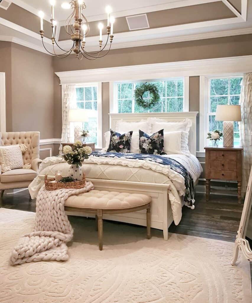 Farmhouse Bedroom with White Arabesque Lamps