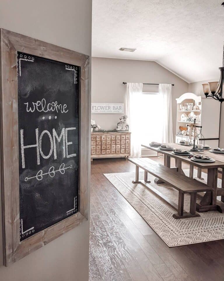 Farmhouse Dining Room with Chalkboard Wall Decor